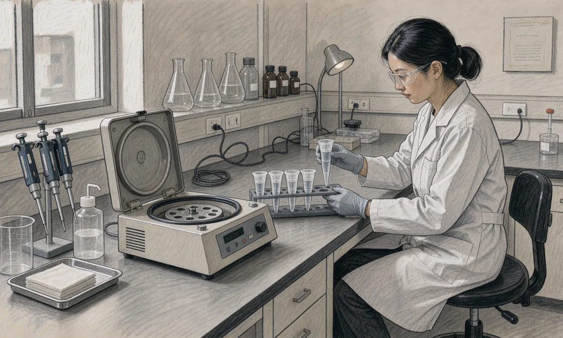 A technician works beside filtration tubes and an open benchtop centrifuge.