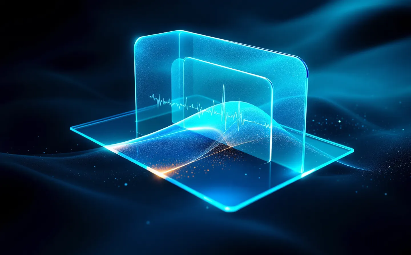 Spatial-UI schematic of three translucent depth panes — a near azure pulse-curve pane, a deep teal long persistent duration bar, and a near amber short transient bar — floating in a deep graphite void