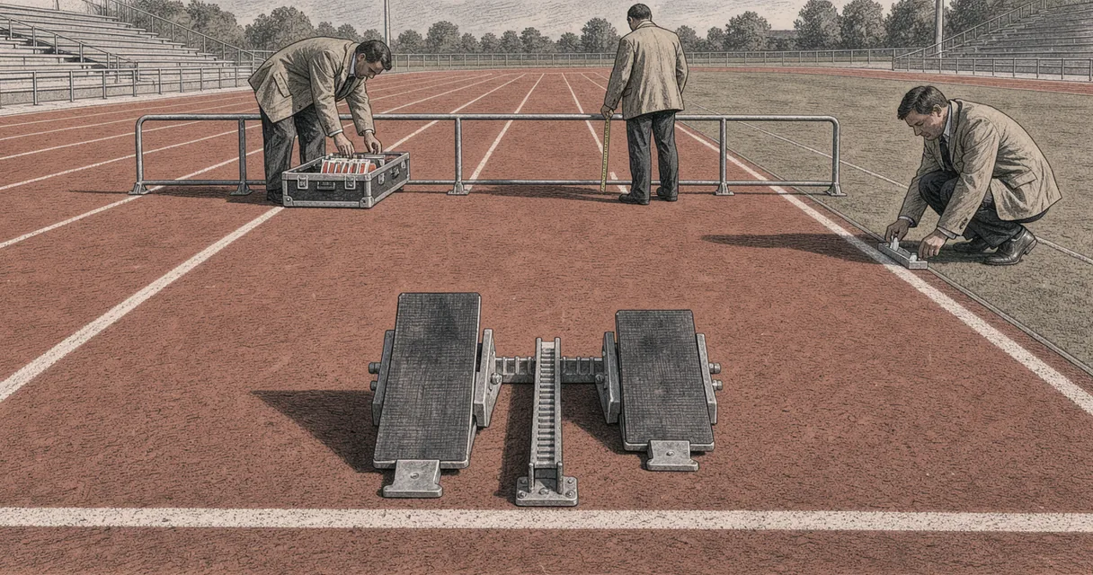 Starting blocks on a brick-coloured running track, with three officials beyond the rail.