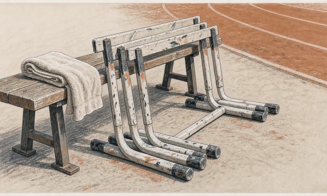 Training hurdles and a folded towel beside a quiet athletics track.